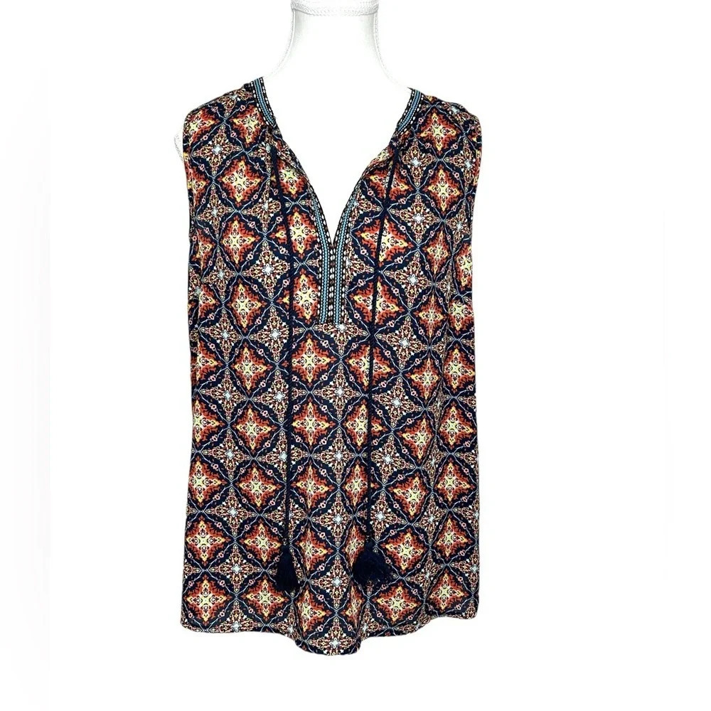 DR2 Multicolor Sleeveless Boho Blouse with tassels Sz M Peasant Southwestern EUC